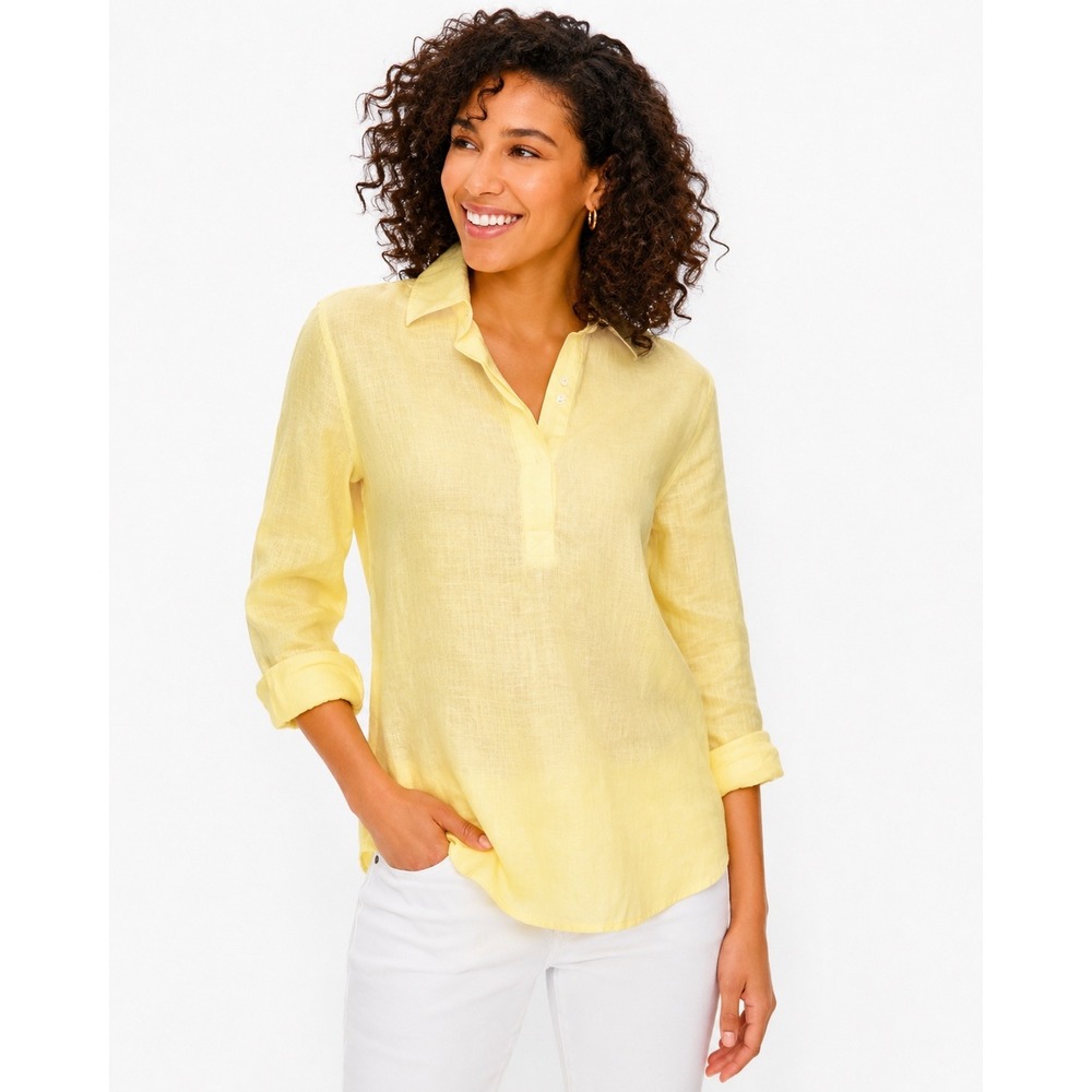 J.McLaughlin Lula Blouse Yellow White Pinstripe 100% Linen Long Sleeve Shirt S